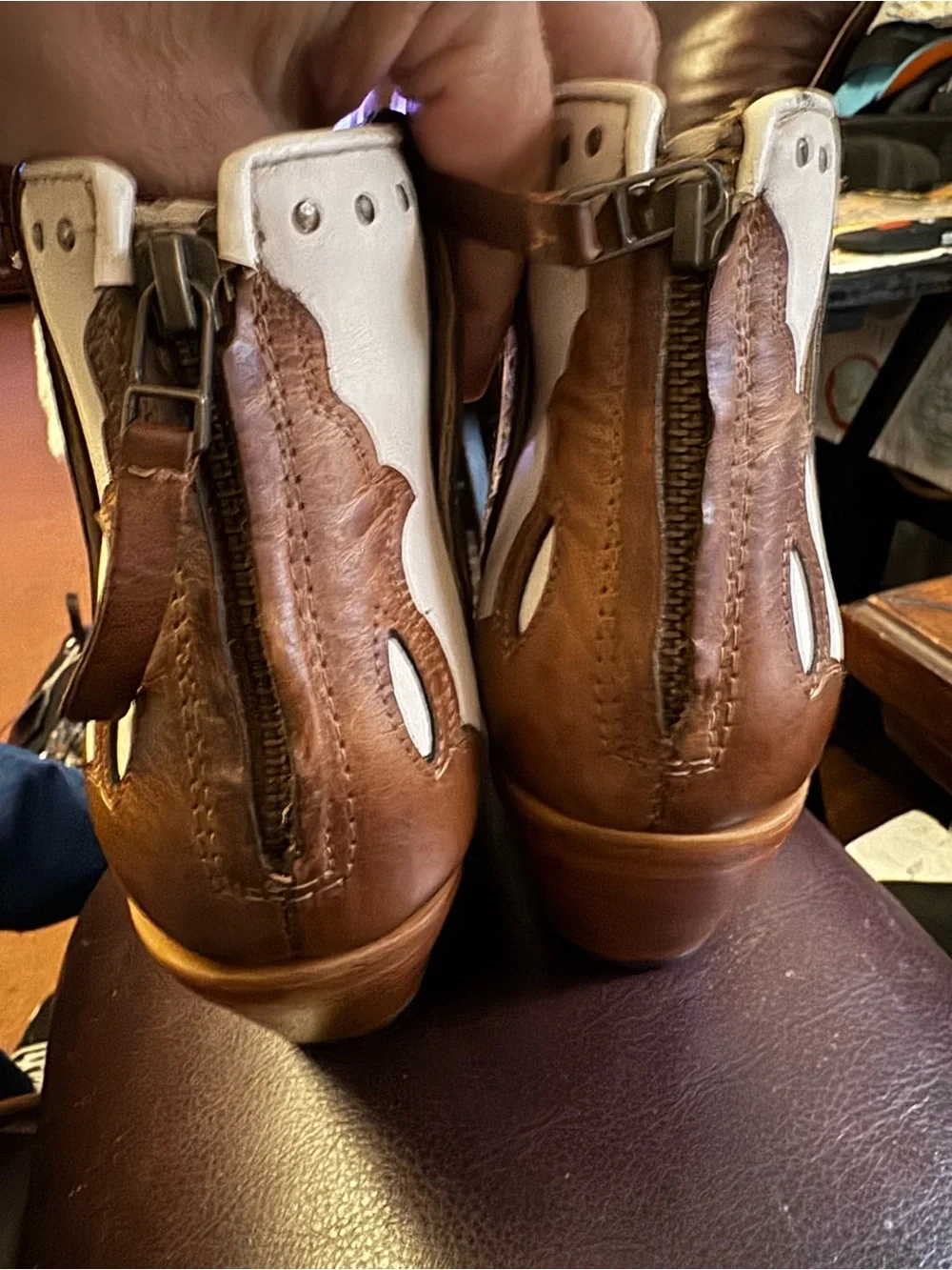 Cream Ariat Leather Western Ankle Booties with Stud Trim